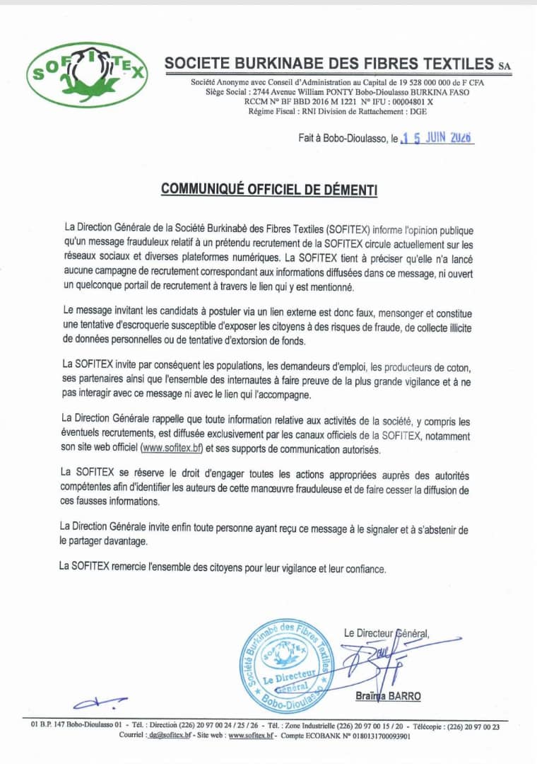 COMMUNIQUE OFFICIEL DE DEMENTI_RECRUTEMENT SOFITEX